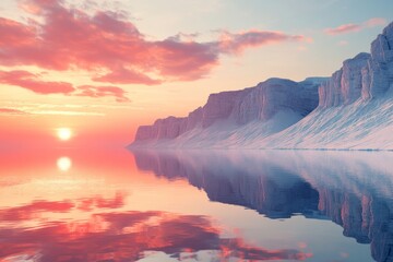 Breathtaking sunset illuminates icy cliffs and calm waters in a serene Arctic landscape