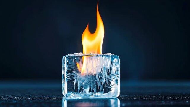 Burning Ice Cube Striking Contrast of Fire and Ice Showcasing Unique Textures and Natures Extremes