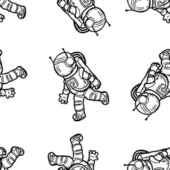 Astronauts monochrome seamless pattern. Black and white doodle art. Space adventures and travel in universe. Fabric wrapping vector print design