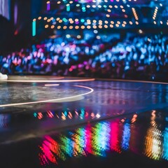 Vibrant stage reflections with colorful auditorium lights and a blurred speaker &ndash; Ideal for performing arts branding, cinematic event posters, or creative lighting visuals.