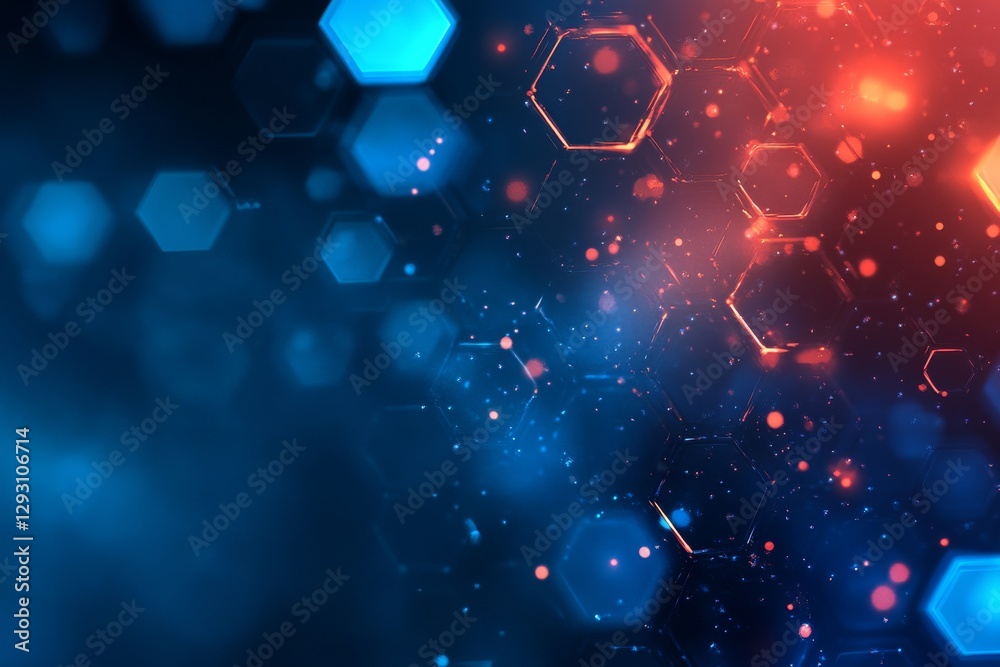 Poster colorful hexagonal patterns create a dynamic abstract background with vibrant blue and orange tones
