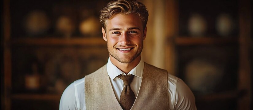 A confident young man in a tailored vest, perfect for professional profiles, business events, or lifestyle blogs. Ideal for use in promotional materials and social media.
