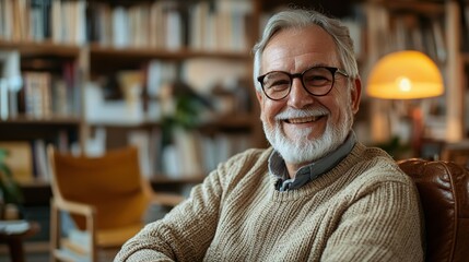 Thoughtful man wearing glasses and cozy sweater with a serious expression in a comfortable indoor environment