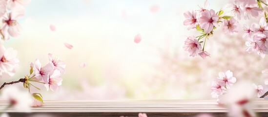 Fototapeta premium Beautiful Blooming Cherry Blossoms Background Over Wooden Tabletop