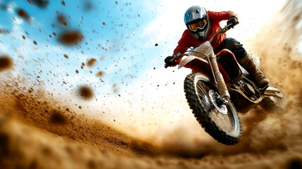 A motocross rider skillfully maneuvers through dirt, creating a dynamic scene filled with dust and motion under a bright blue sky.