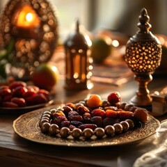 Naklejka premium Dried fruits on ornate platter, illuminated by lanterns
