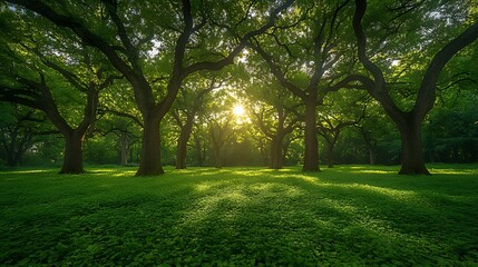 Obraz premium Sunrise illuminates park's oak grove, dappled light on grass