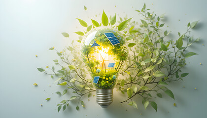 A glowing light bulb with nature, solar panels, and wind turbines inside, representing clean and renewable energy on a white background.