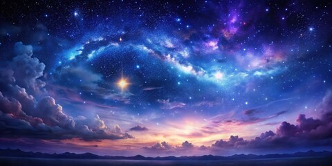 Obraz premium Dark sky with wispy clouds and twinkling stars against a gradient of deep blues and purples, nocturnal landscape