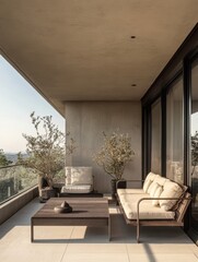 Outdoor balcony featuring modern furniture and potted decorative trees and plants