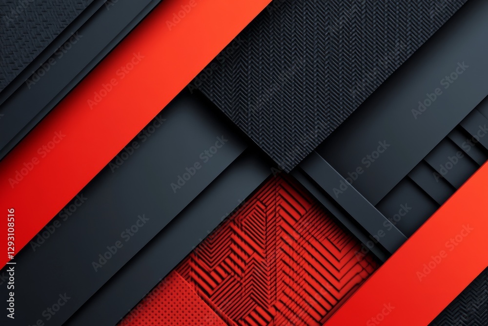 Poster abstract composition featuring black and red geometric shapes with textured patterns, creating a mod