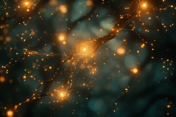 Neurons connected by glowing fibers create a stunning visualization of neural networks in a dark, abstract environment