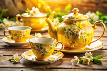 Elegant Yellow Tea Set with Blooming Spring Flowers on Rustic Wooden Table