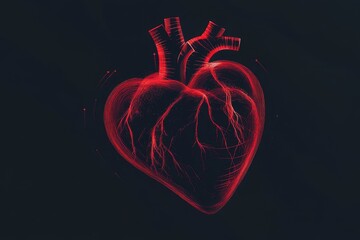 A red heart-shaped vector graphic on a black background, with glowing light effects,