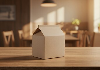 Milk Carton Mockup on Wooden Table in Warm Interior Setting