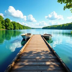 Fototapeta premium Rustic boat dock, raised pontoons, pristine lake, blue sky, fluffy clouds , calm, peaceful, Northern Minnesota