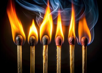 Five Burning Matches: Stages of Combustion Stock Photo