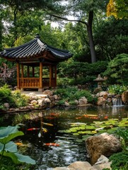 Obraz premium Serene garden scene featuring a traditional Japanesestyle structure and koi fish