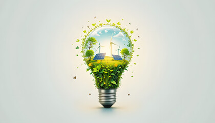 A glowing light bulb with nature, solar panels, and wind turbines inside, representing clean and renewable energy on a white background.