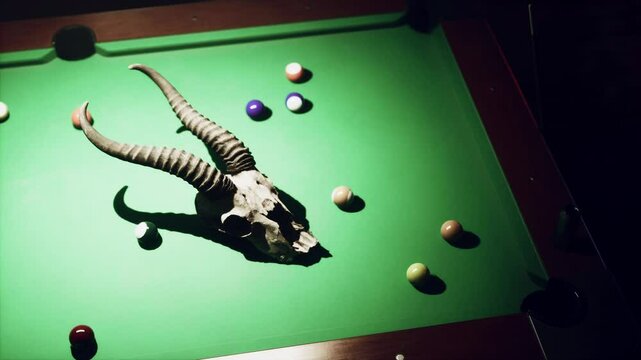 An animal skull placed on a pool table amongst billiard balls.