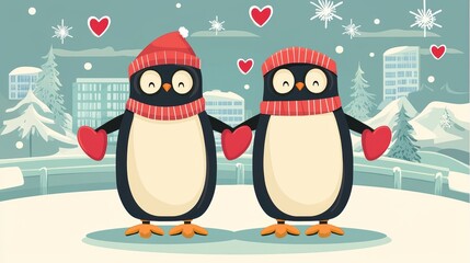 Fototapeta premium A couple of penguins holding hands in a winter wonderland.