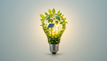 A glowing light bulb with nature, solar panels, and wind turbines inside, representing clean and renewable energy on a white background.