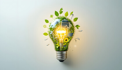 A glowing light bulb with nature, solar panels, and wind turbines inside, representing clean and renewable energy on a white background.