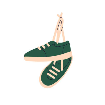 recommend clip art: Sneakers hanging on tied laces. Sport shoes, casual sporty style footwear pair on shoelaces. Comfortable athletic foot wear. Modern trainers. Flat vector illustration isolated on white background
