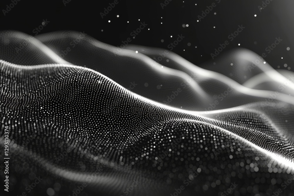 Poster abstract representation of flowing waves with shimmering particles in a dark space
