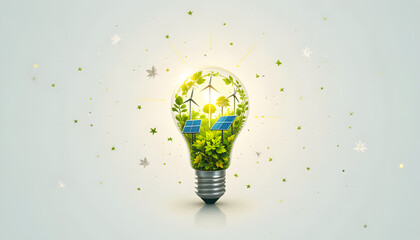 A glowing light bulb with nature, solar panels, and wind turbines inside, representing clean and renewable energy on a white background.