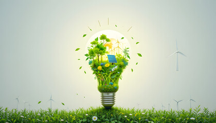 A glowing light bulb with nature, solar panels, and wind turbines inside, representing clean and renewable energy on a white background.