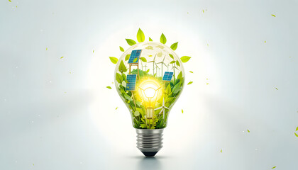 A glowing light bulb with nature, solar panels, and wind turbines inside, representing clean and renewable energy on a white background.