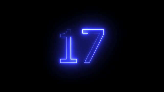 Glowing color looping trendy glowing neon numeric number 17.Glowing neon number 17.Educational mathematics 17 animation.