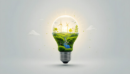 A glowing light bulb with nature, solar panels, and wind turbines inside, representing clean and renewable energy on a white background.