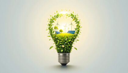 A glowing light bulb with nature, solar panels, and wind turbines inside, representing clean and renewable energy on a white background.