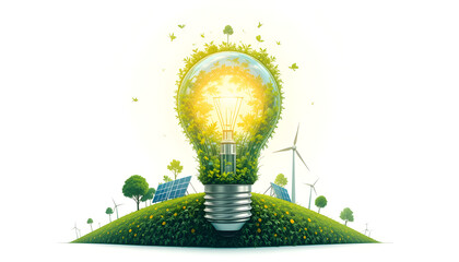 A glowing light bulb with nature, solar panels, and wind turbines inside, representing clean and renewable energy on a white background.