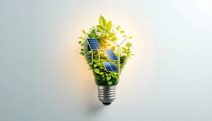 A glowing light bulb with nature, solar panels, and wind turbines inside, representing clean and renewable energy on a white background.