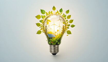 A glowing light bulb with nature, solar panels, and wind turbines inside, representing clean and renewable energy on a white background.