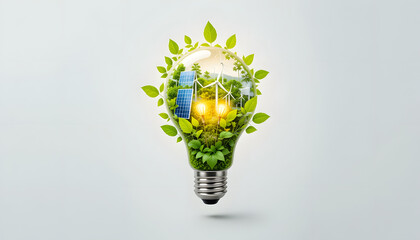 A glowing light bulb with nature, solar panels, and wind turbines inside, representing clean and renewable energy on a white background.