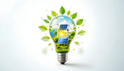 A glowing light bulb with nature, solar panels, and wind turbines inside, representing clean and renewable energy on a white background.