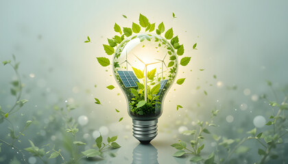 A glowing light bulb with nature, solar panels, and wind turbines inside, representing clean and renewable energy on a white background.