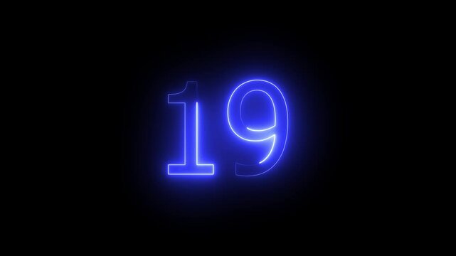 Glowing color looping trendy glowing neon numeric number 19.Glowing neon number 19.Educational mathematics 19 animation.