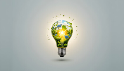 A glowing light bulb with nature, solar panels, and wind turbines inside, representing clean and renewable energy on a white background.