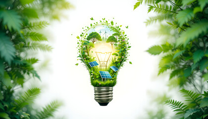 A glowing light bulb with nature, solar panels, and wind turbines inside, representing clean and renewable energy on a white background.