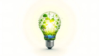 A glowing light bulb with nature, solar panels, and wind turbines inside, representing clean and renewable energy on a white background.