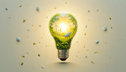 A glowing light bulb with nature, solar panels, and wind turbines inside, representing clean and renewable energy on a white background.