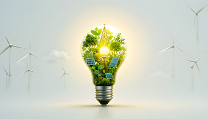 A glowing light bulb with nature, solar panels, and wind turbines inside, representing clean and renewable energy on a white background.