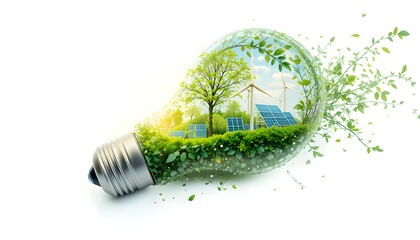 A glowing light bulb with nature, solar panels, and wind turbines inside, representing clean and renewable energy on a white background.
