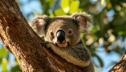 Naklejka premium Koala clinging to tree branch in sunny forest