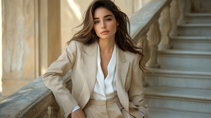 Elegant woman in a stylish beige suit posing on a grand staircase